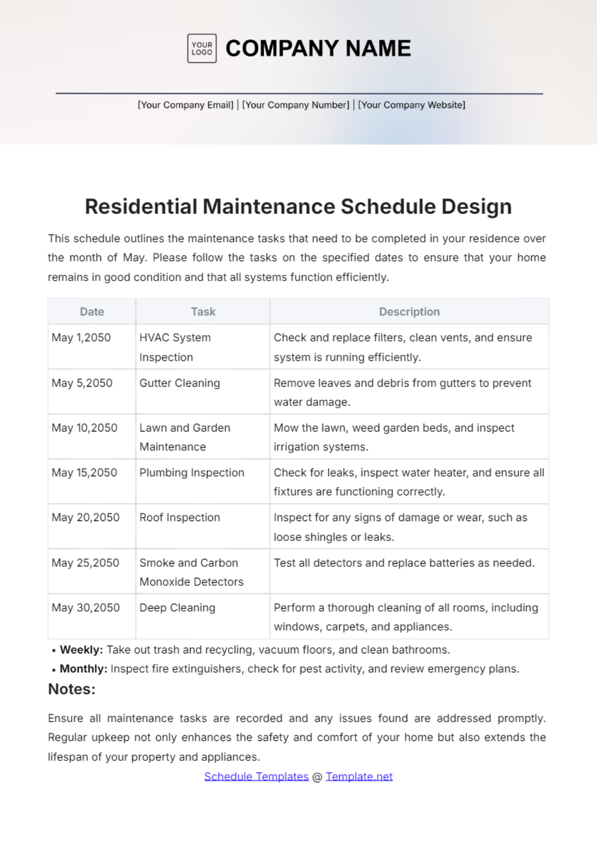 Residential Maintenance Schedule Design Template - Edit Online & Download