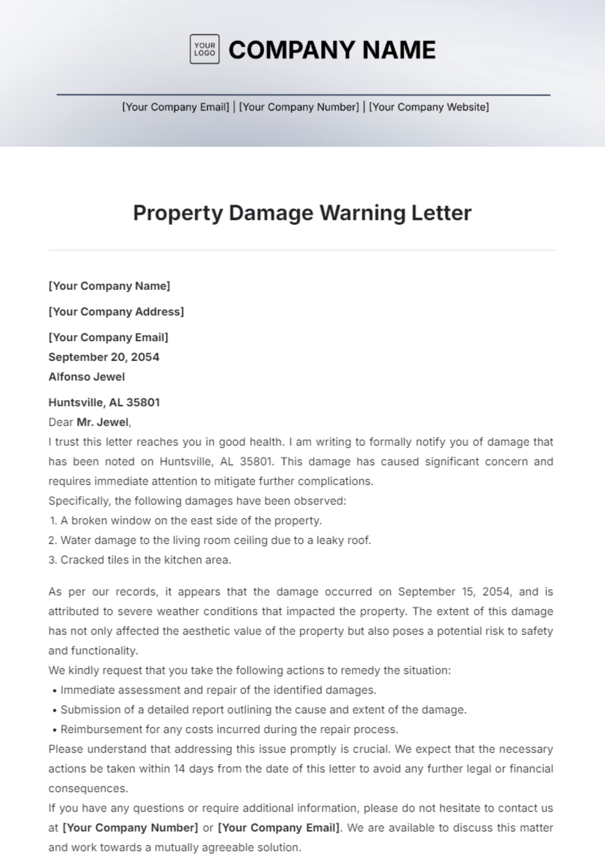 Property Damage Warning Letter Template