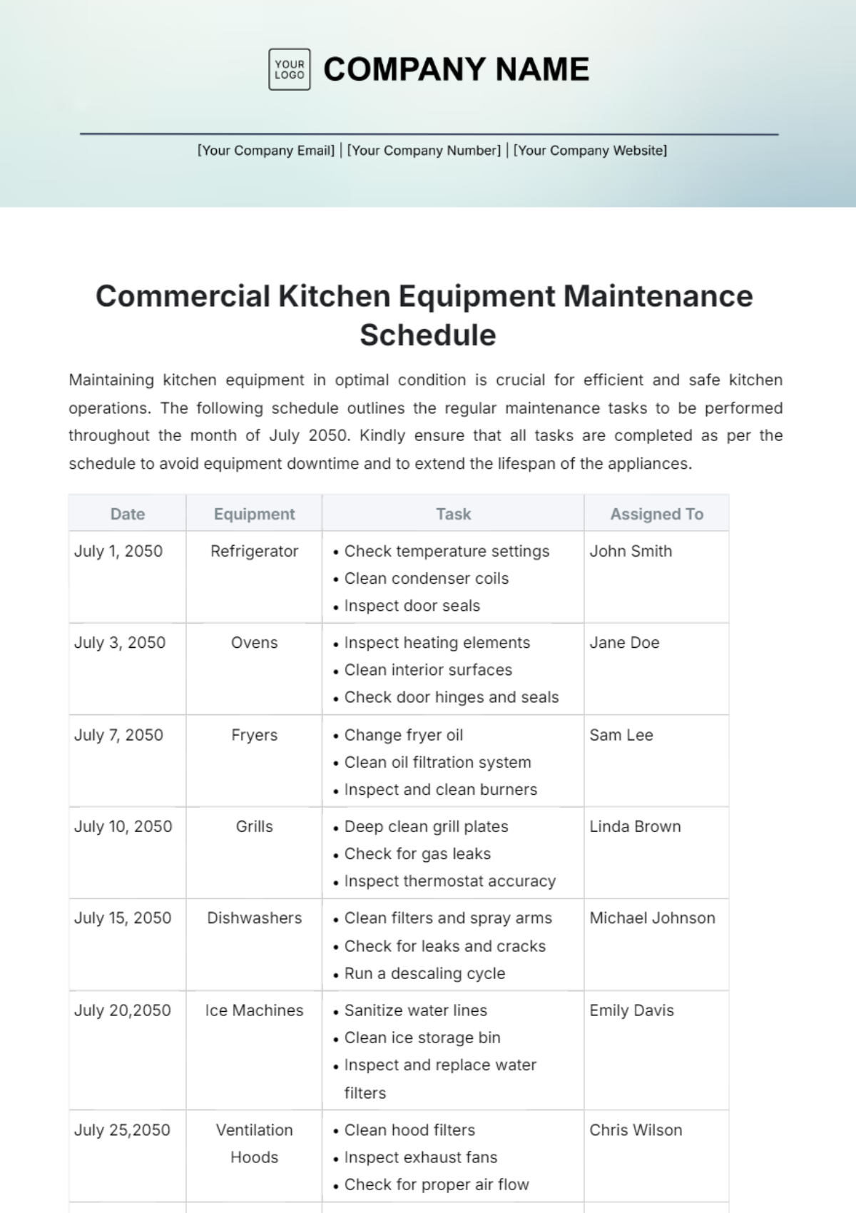 Commercial Kitchen Equipment Maintenance Schedule - Edit Online & Download