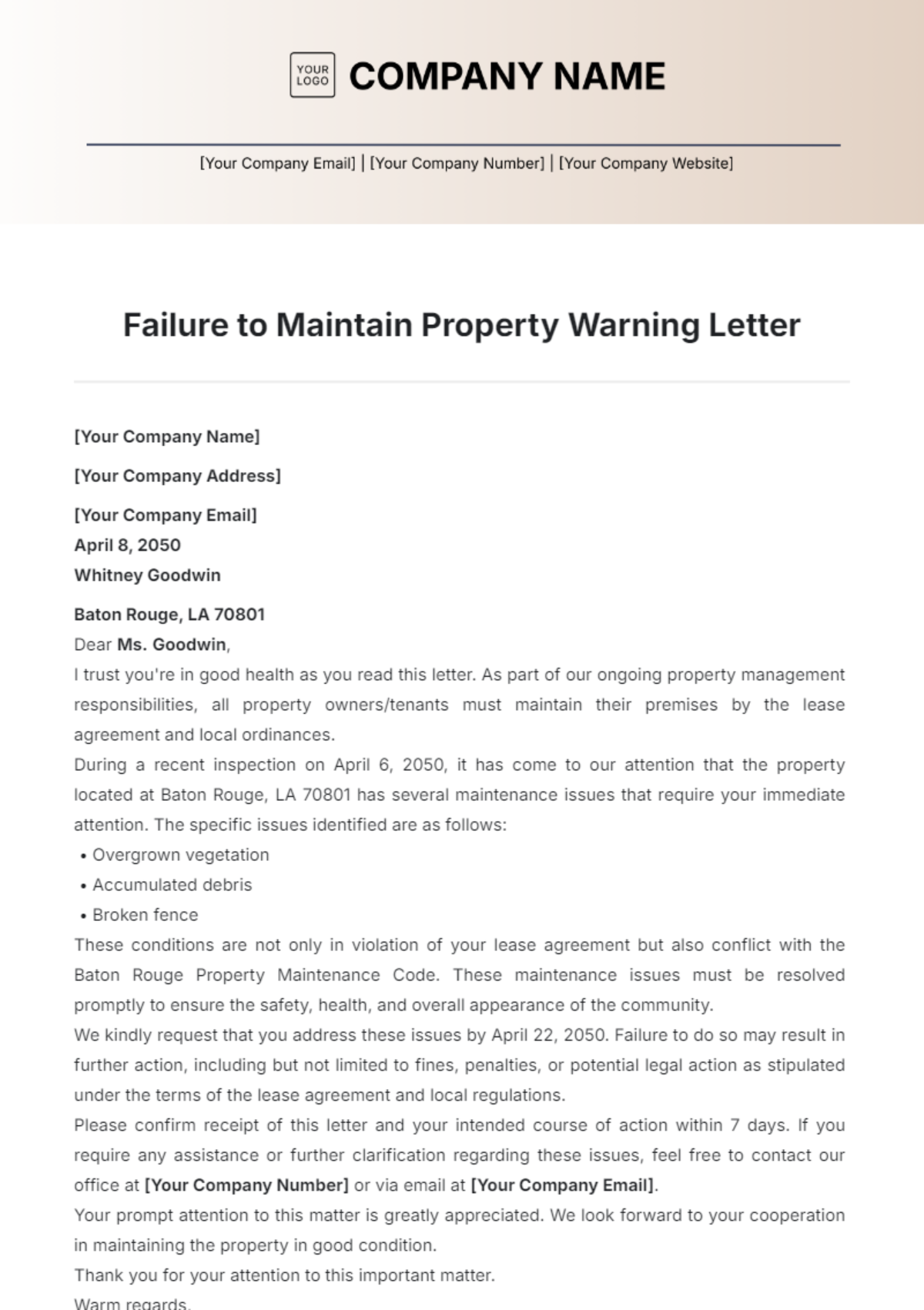 Failure to Maintain Property Warning Letter Template