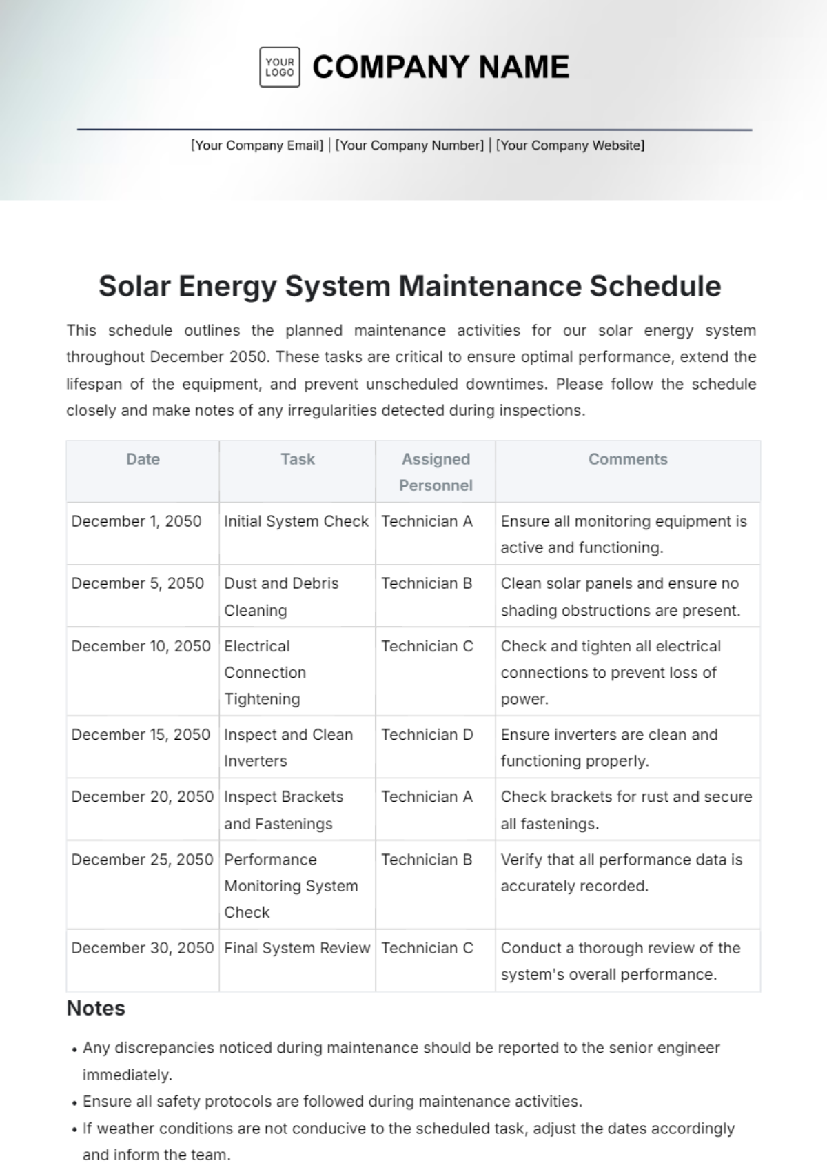 Solar Energy System Maintenance Schedule Template - Edit Online & Download