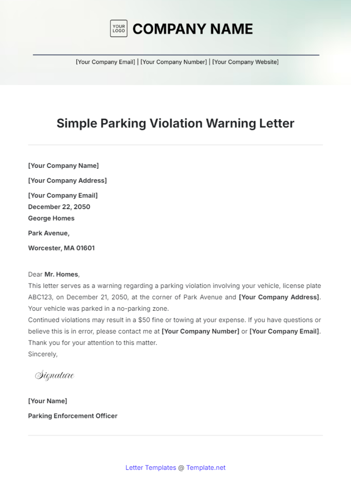 Simple Parking Violation Warning Letter Template