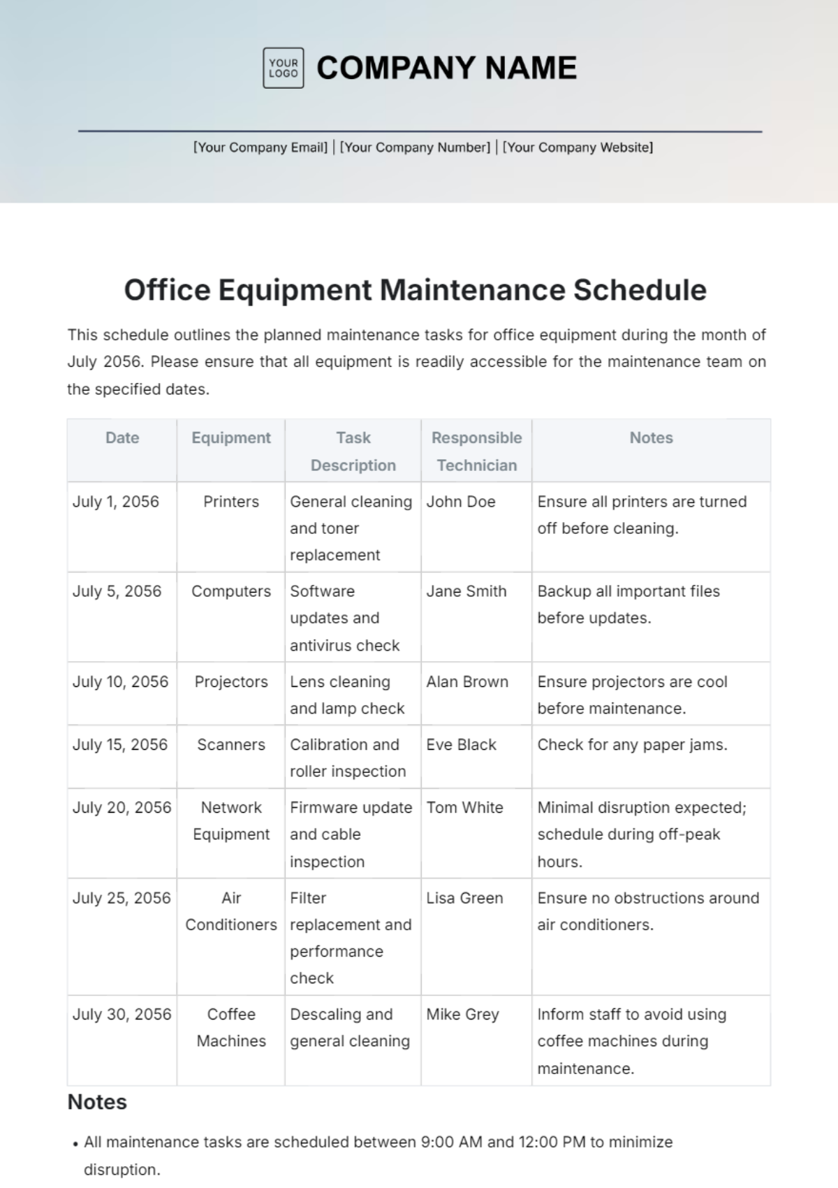 Aesthetic Office Equipment Maintenance Schedule Template - Edit Online & Download