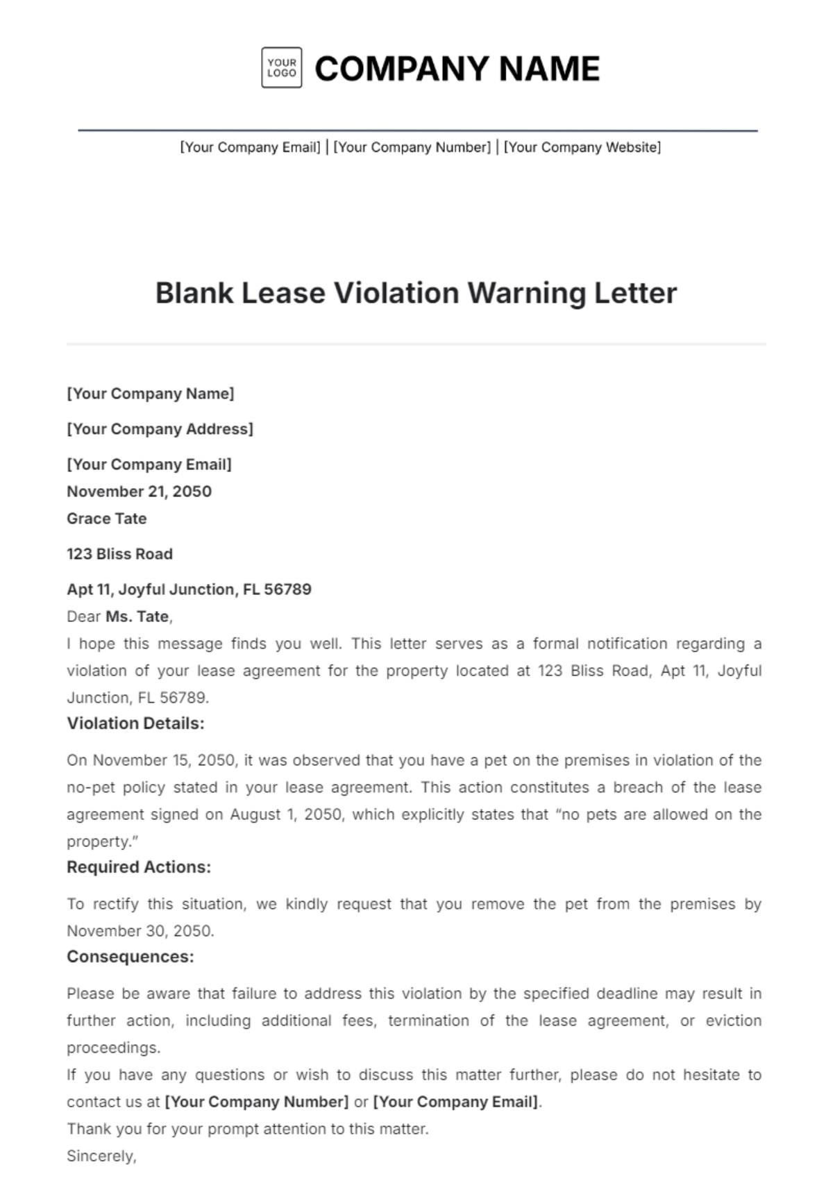 Blank Lease Violation Warning Letter Template