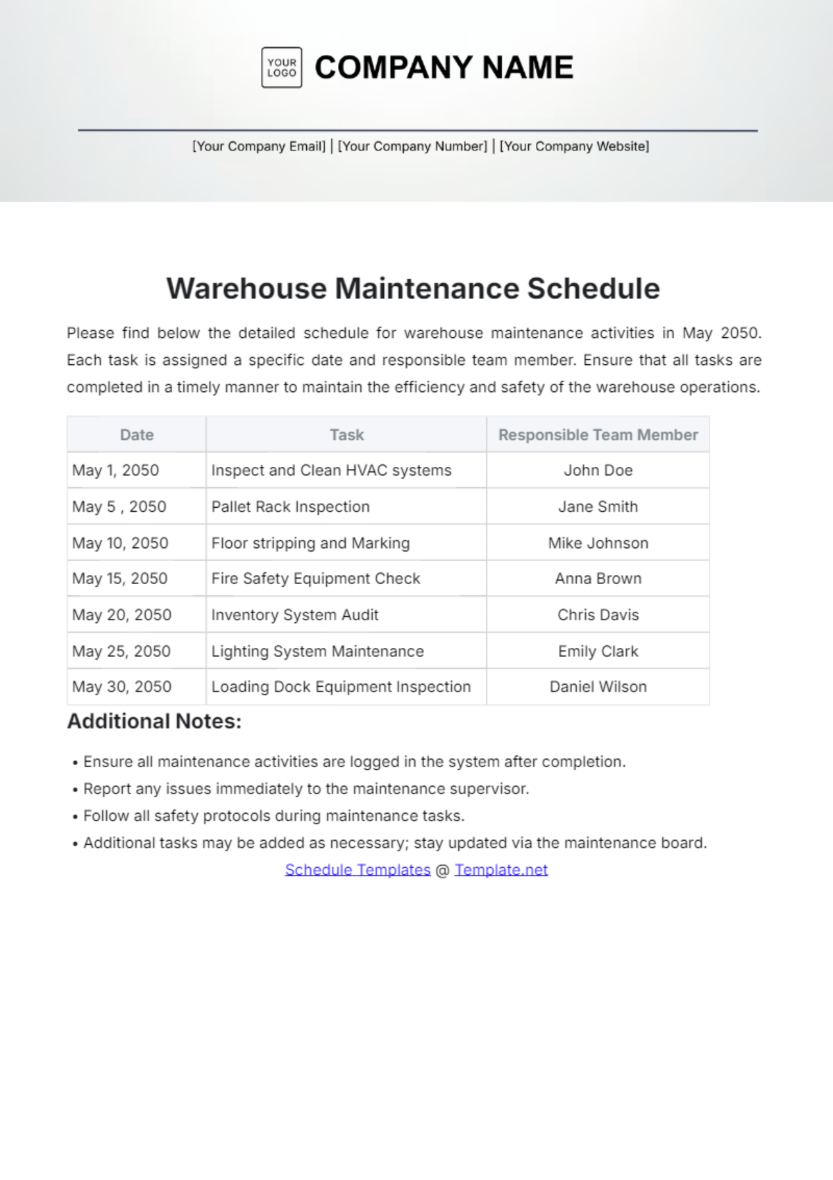 Warehouse Maintenance Schedule Template - Edit Online & Download