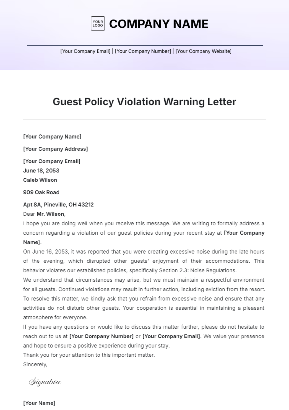 Guest Policy Violation Warning Letter Template