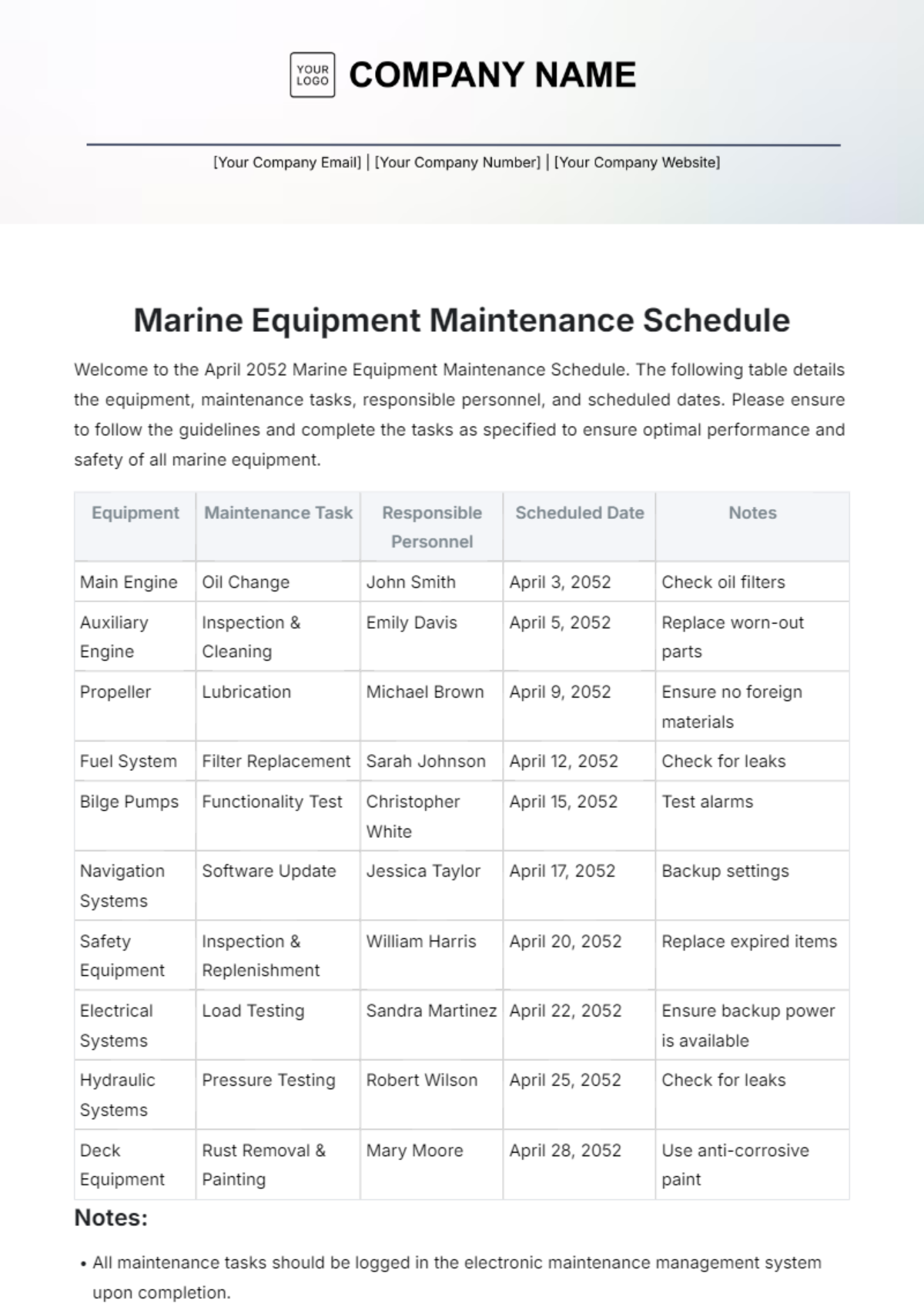 Marine Equipment Maintenance Schedule Template - Edit Online & Download