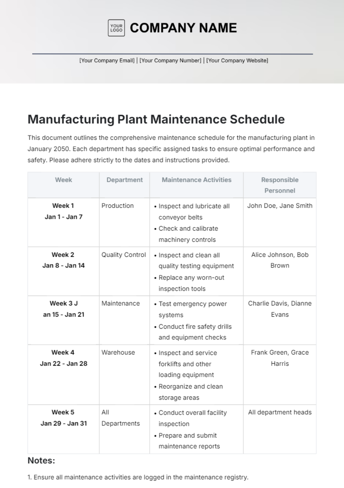 Manufacturing Plant Maintenance Schedule Template - Edit Online & Download