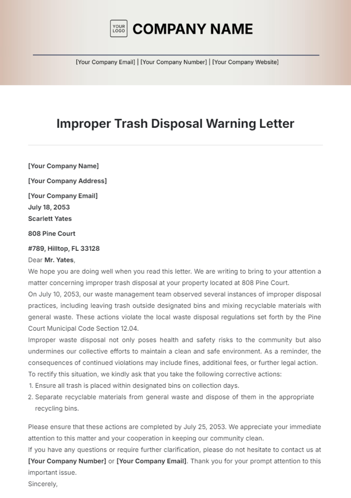 Improper Trash Disposal Warning Letter Template