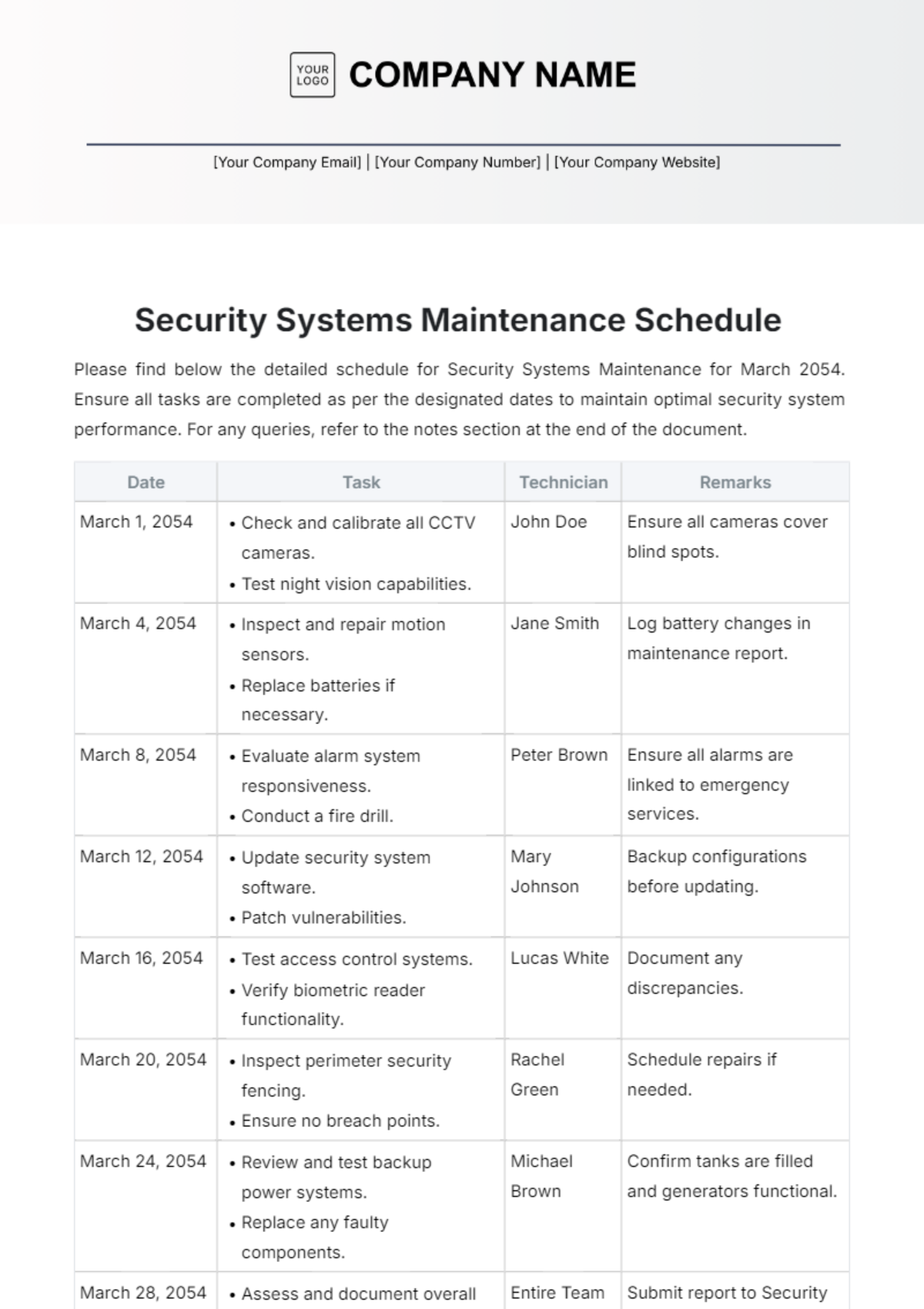 Security Systems Maintenance Schedule Template - Edit Online & Download