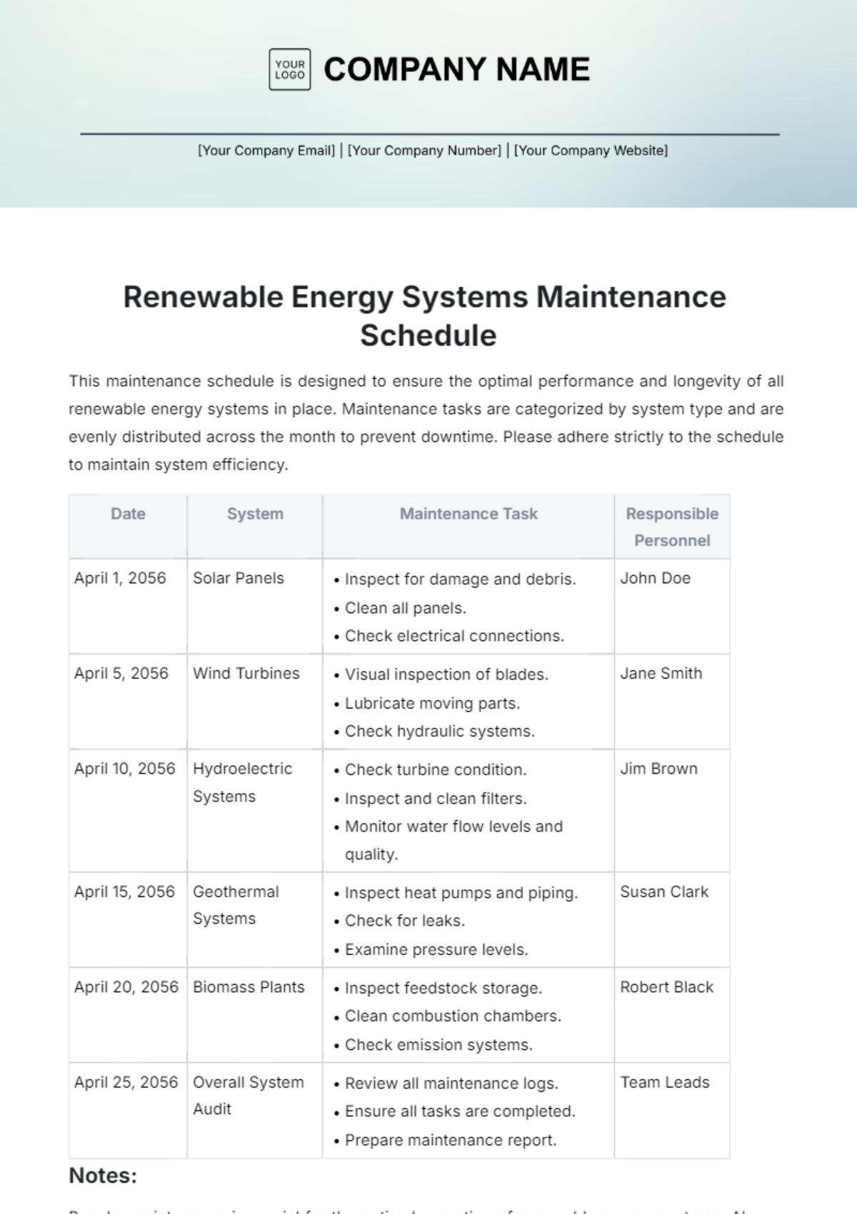 Renewable Energy Systems Maintenance Schedule Template - Edit Online & Download