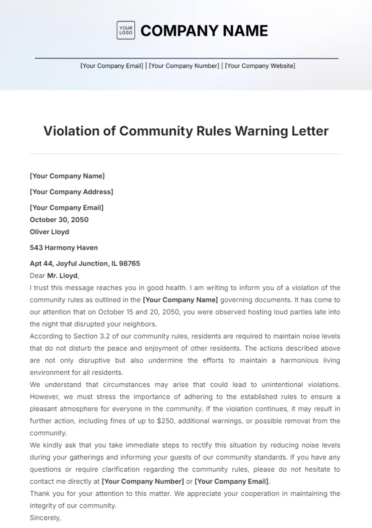 Violation of Community Rules Warning Letter Template