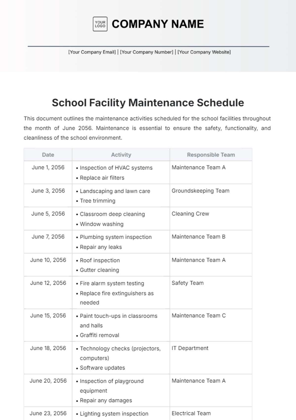 School Facility Maintenance Schedule Template - Edit Online & Download