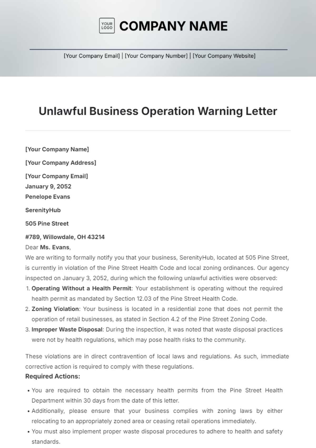 Unlawful Business Operation Warning Letter Template