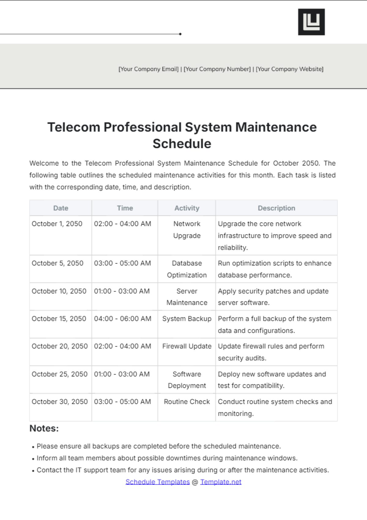 Telecom Professional System Maintenance Schedule Template - Edit Online & Download