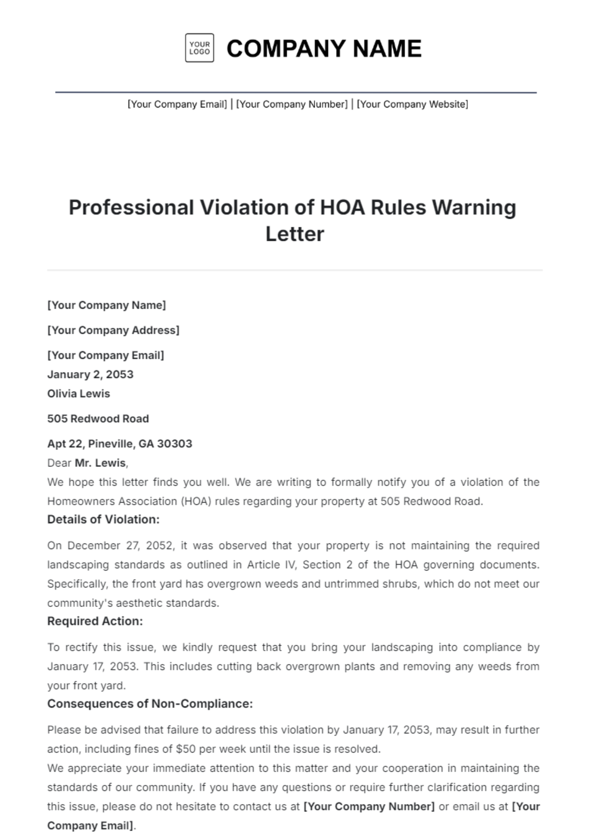 Professional Violation of HOA Rules Warning Letter Template