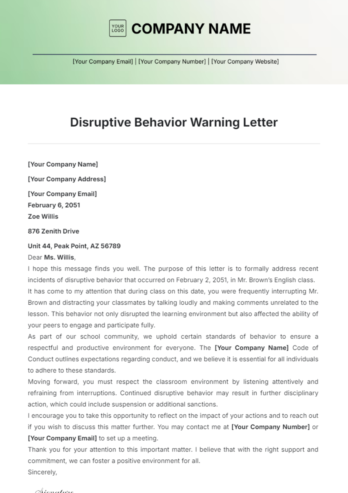 Disruptive Behavior Warning Letter Template