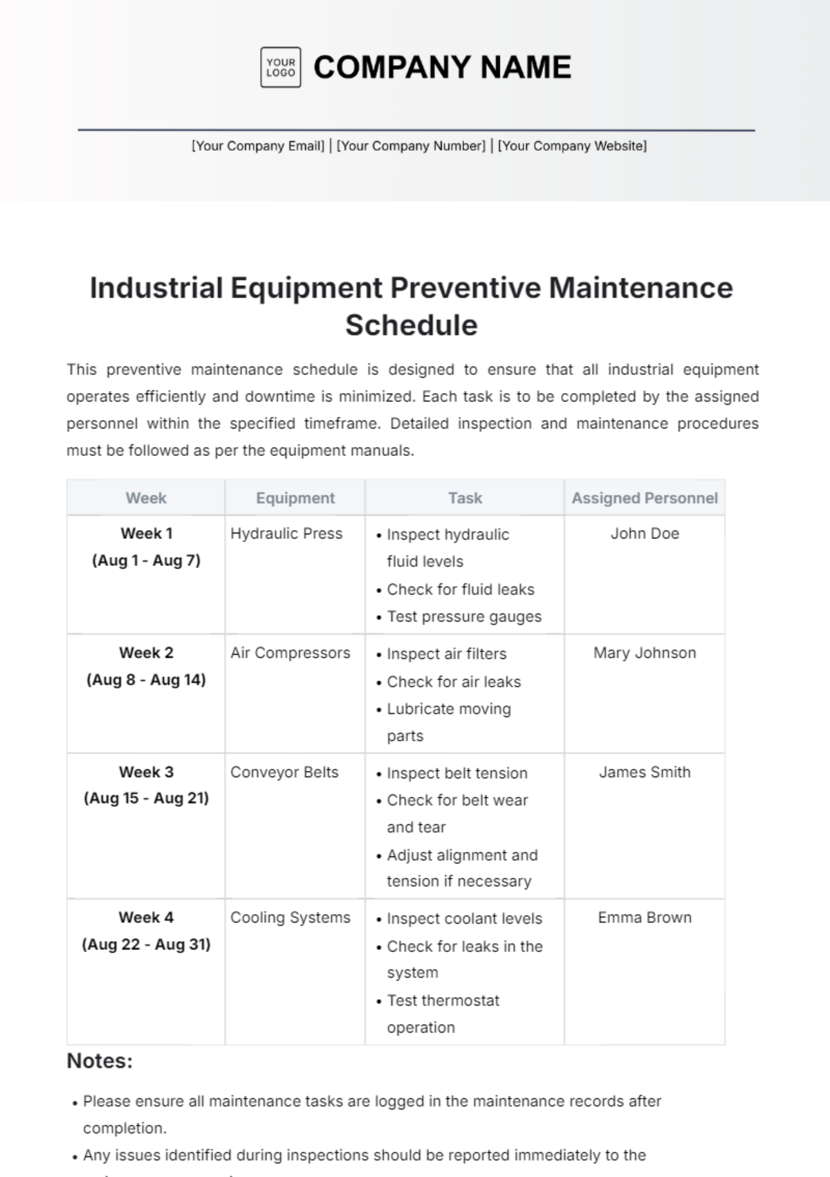 Industrial Equipment Preventive Maintenance Template - Edit Online & Download