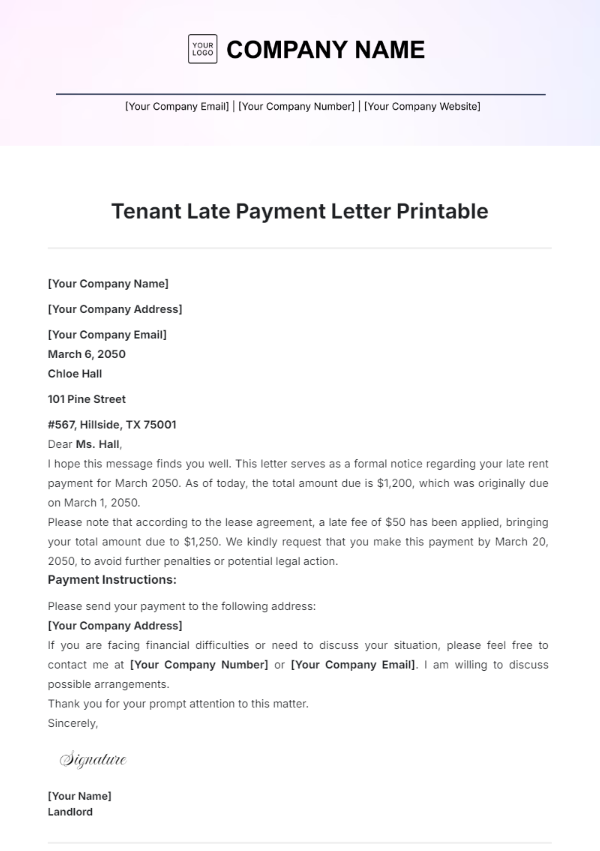 Tenant Late Payment Letter Printable Template