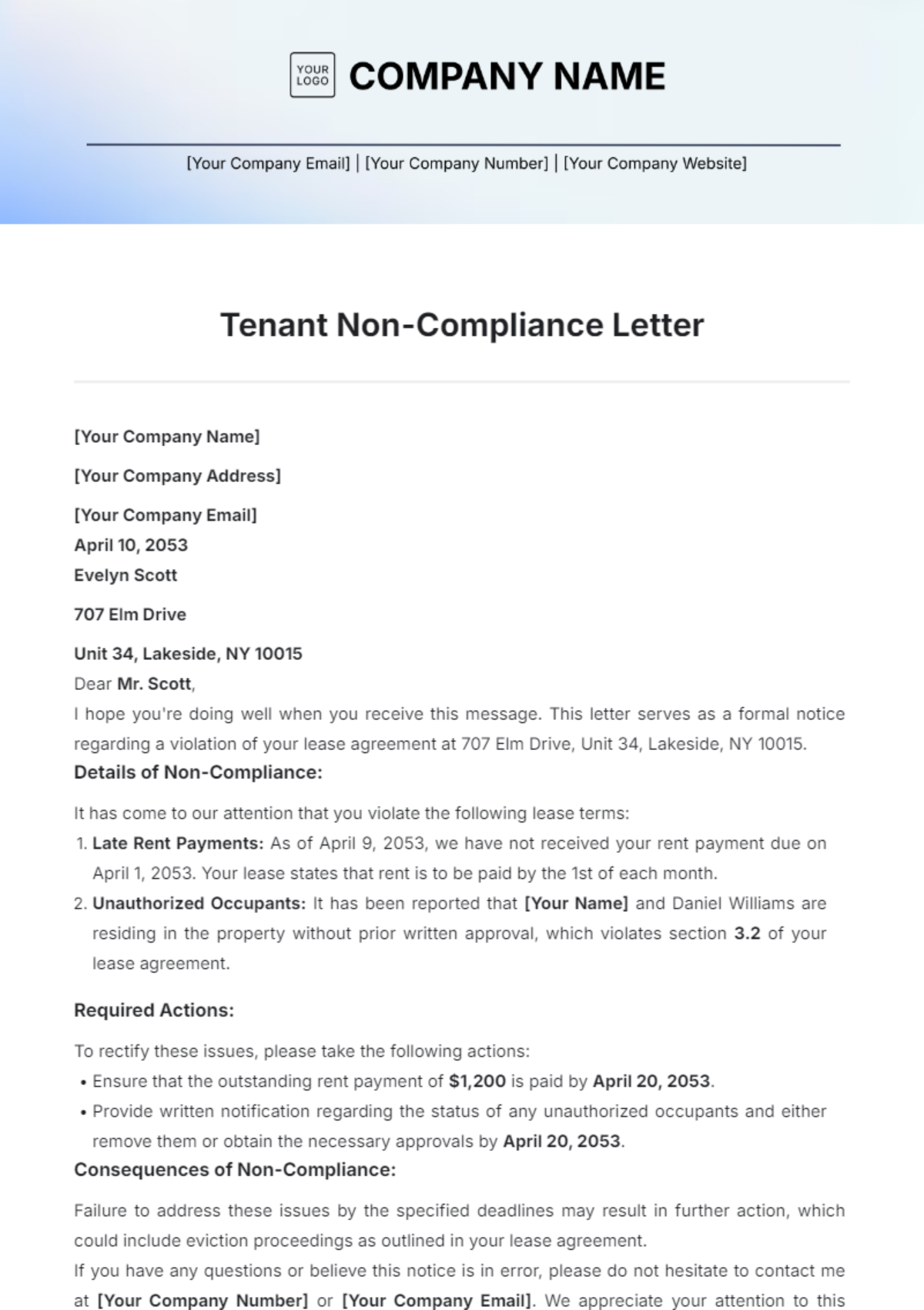 Tenant Non-Compliance Letter Template