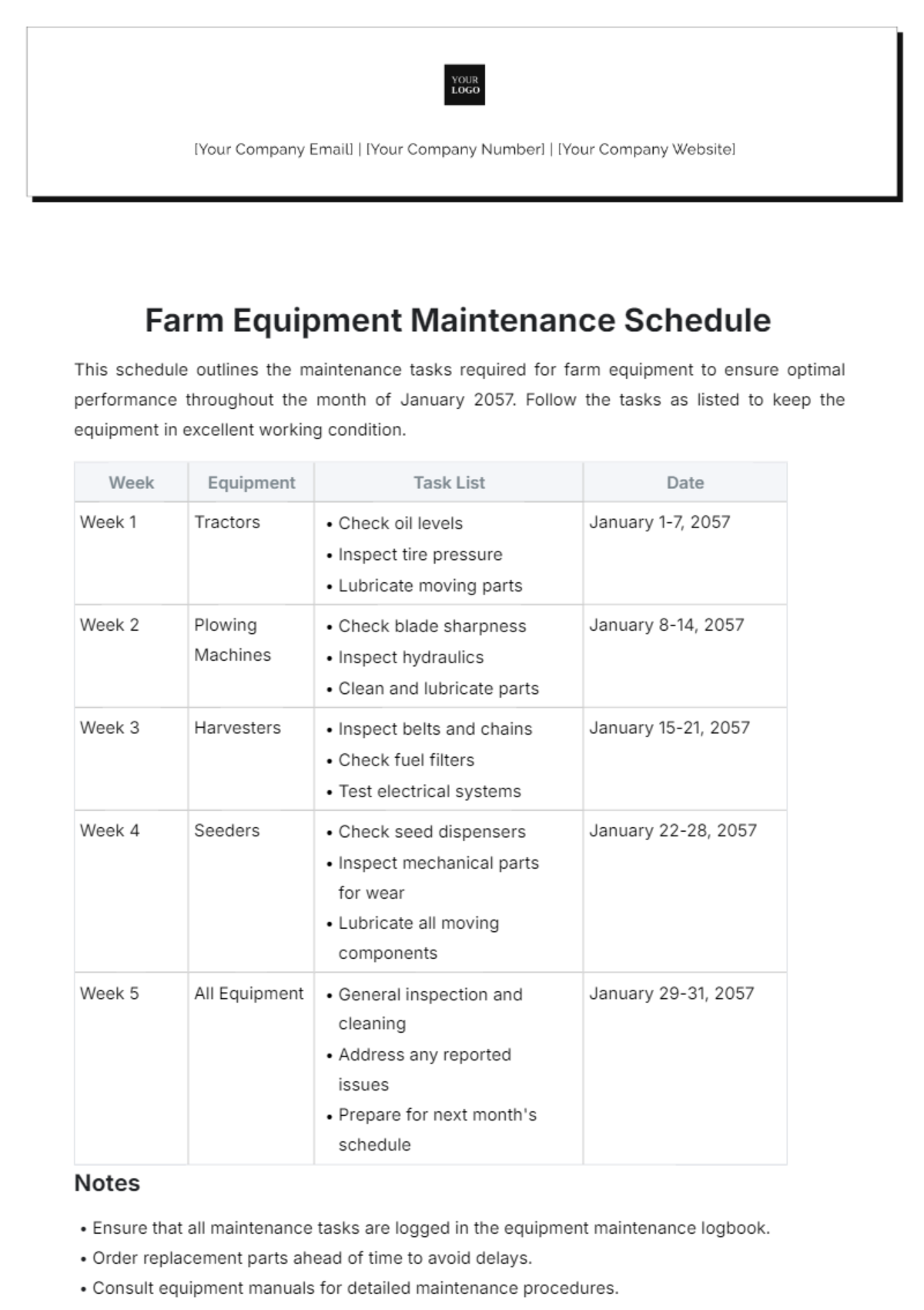 Farm Equipment Maintenance Schedule Template - Edit Online & Download