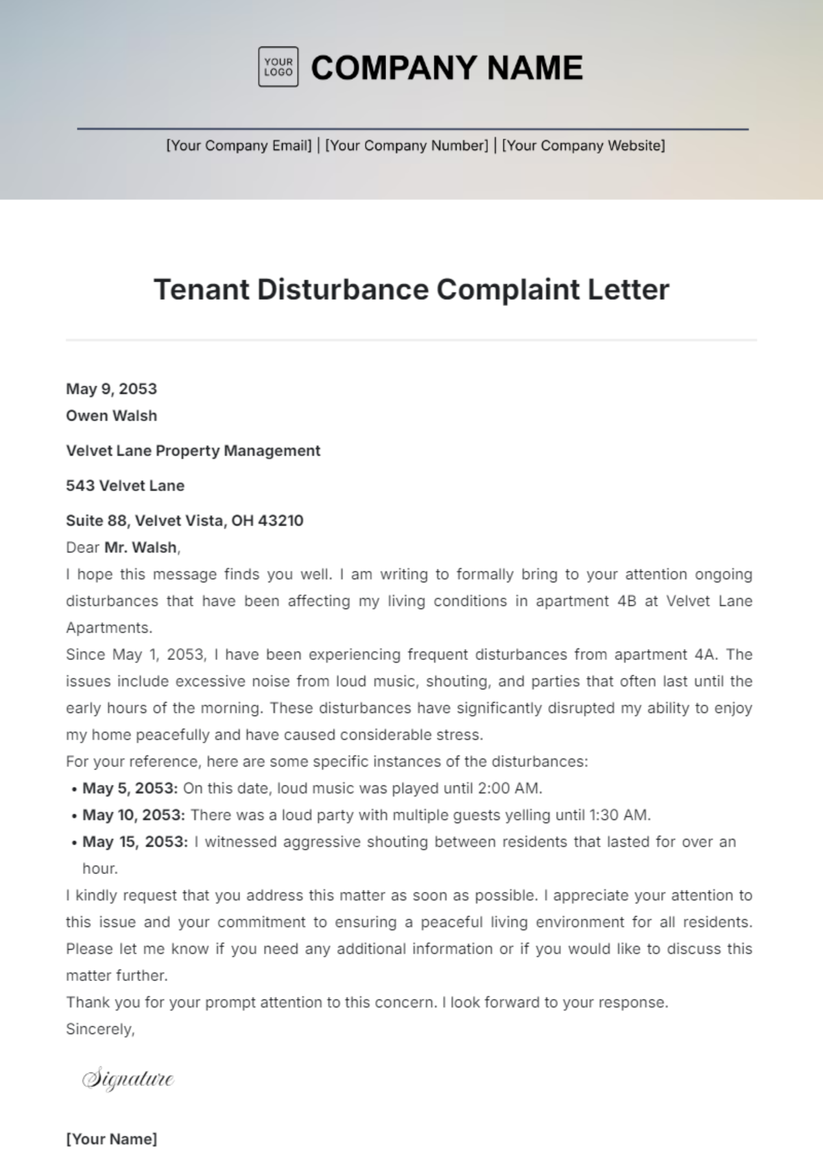 Tenant Disturbance Complaint Letter Template - Edit Online & Download