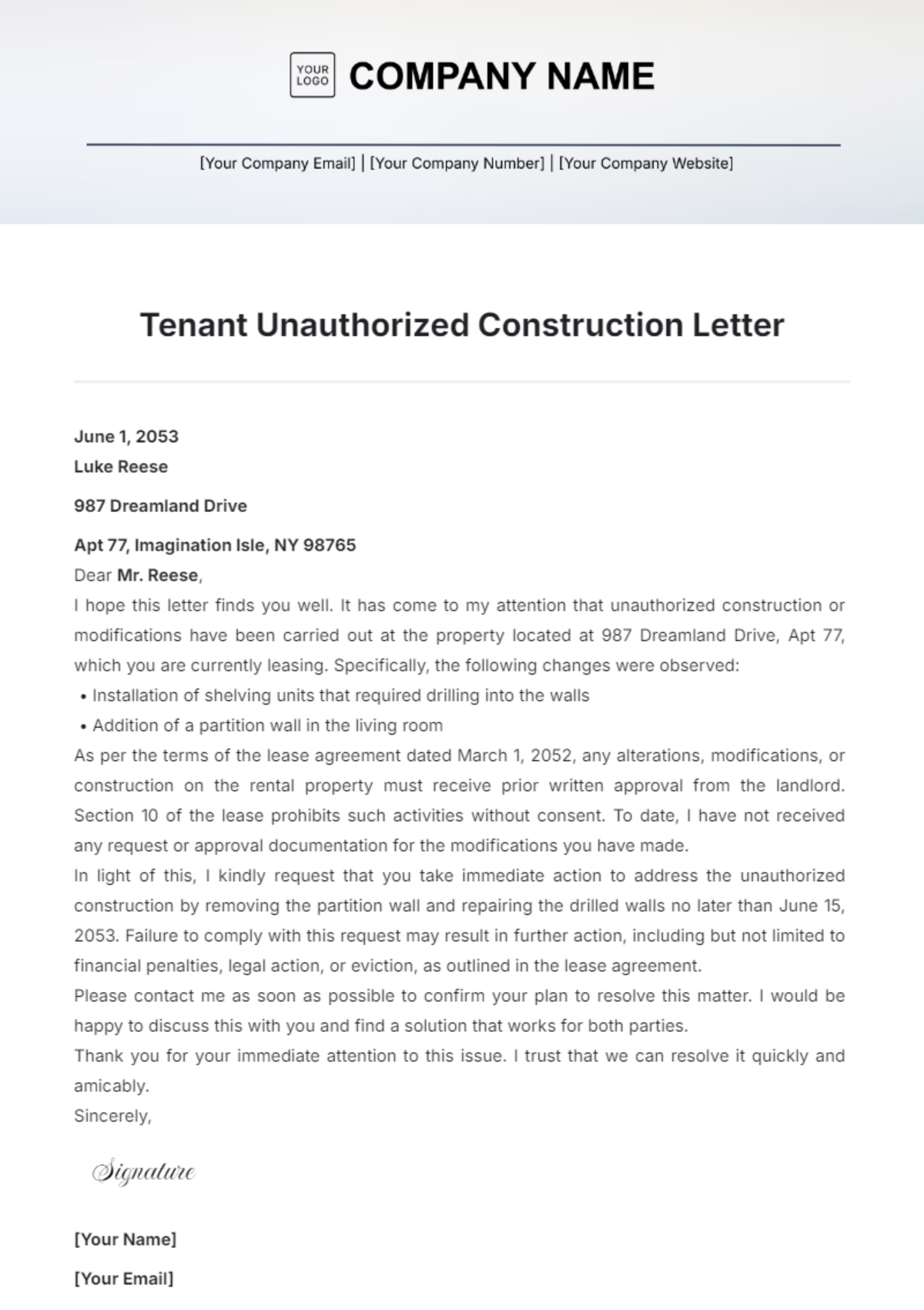 Tenant Unauthorized Construction Letter Template - Edit Online & Download