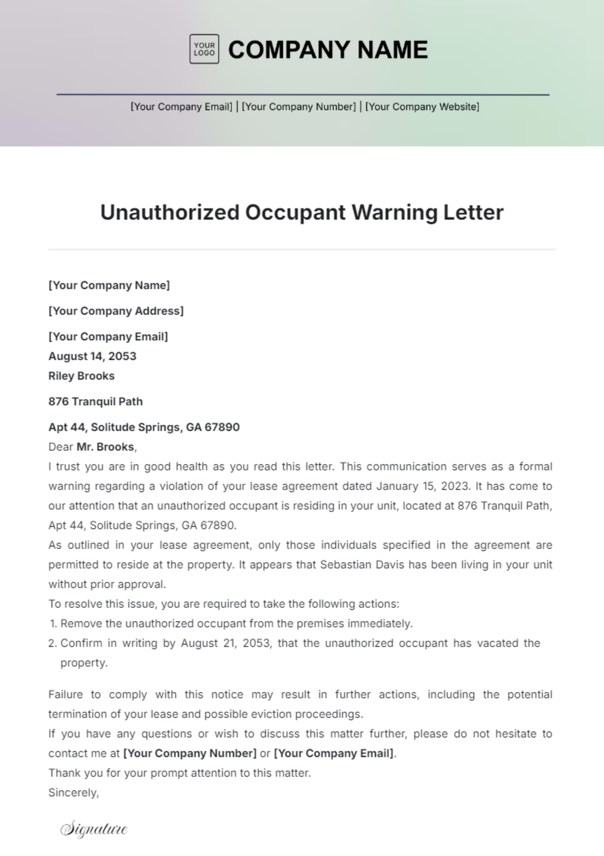 Unauthorized Occupant Warning Letter Template - Edit Online & Download