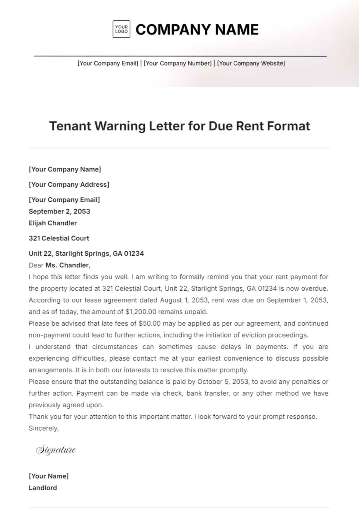 Tenant Warning Letter for Due Rent Format Template - Edit Online & Download