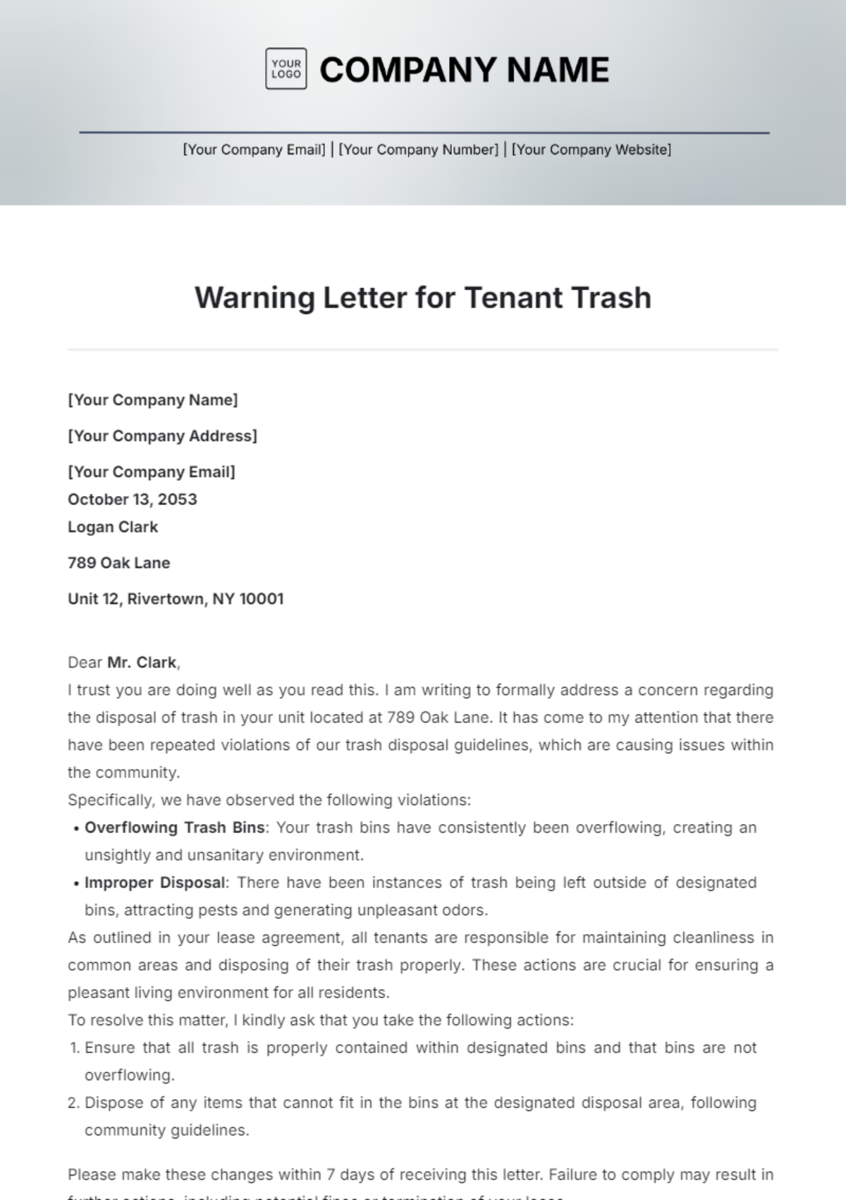 Warning Letter for Tenant Trash Template - Edit Online & Download