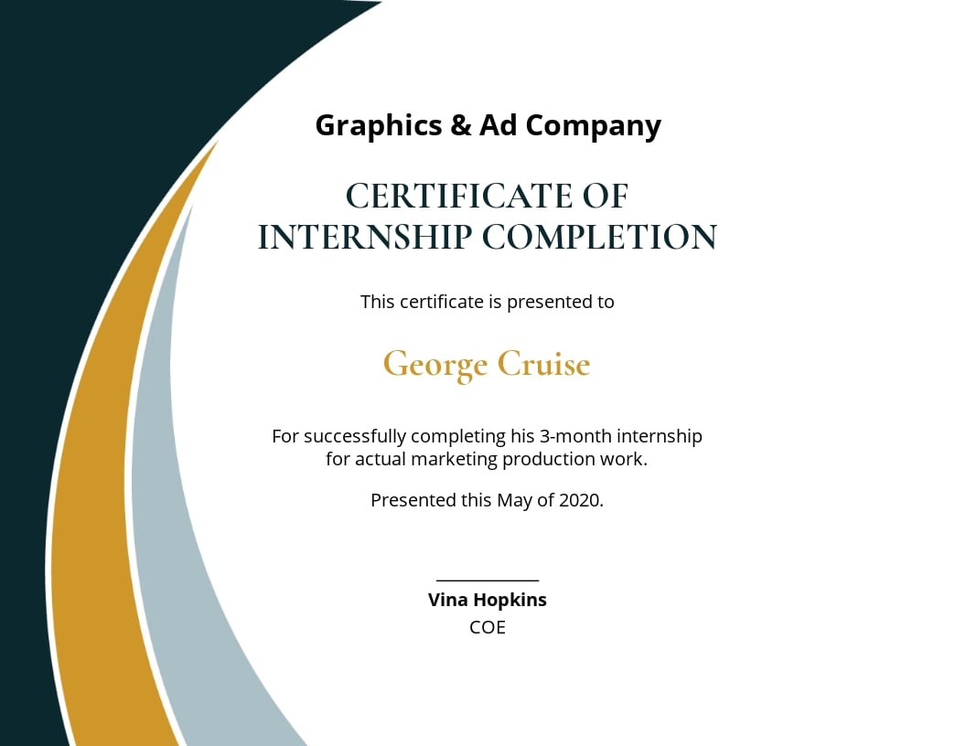Internship Completion Certificate Template - Illustrator, Word, Apple Pages, PSD, PDF