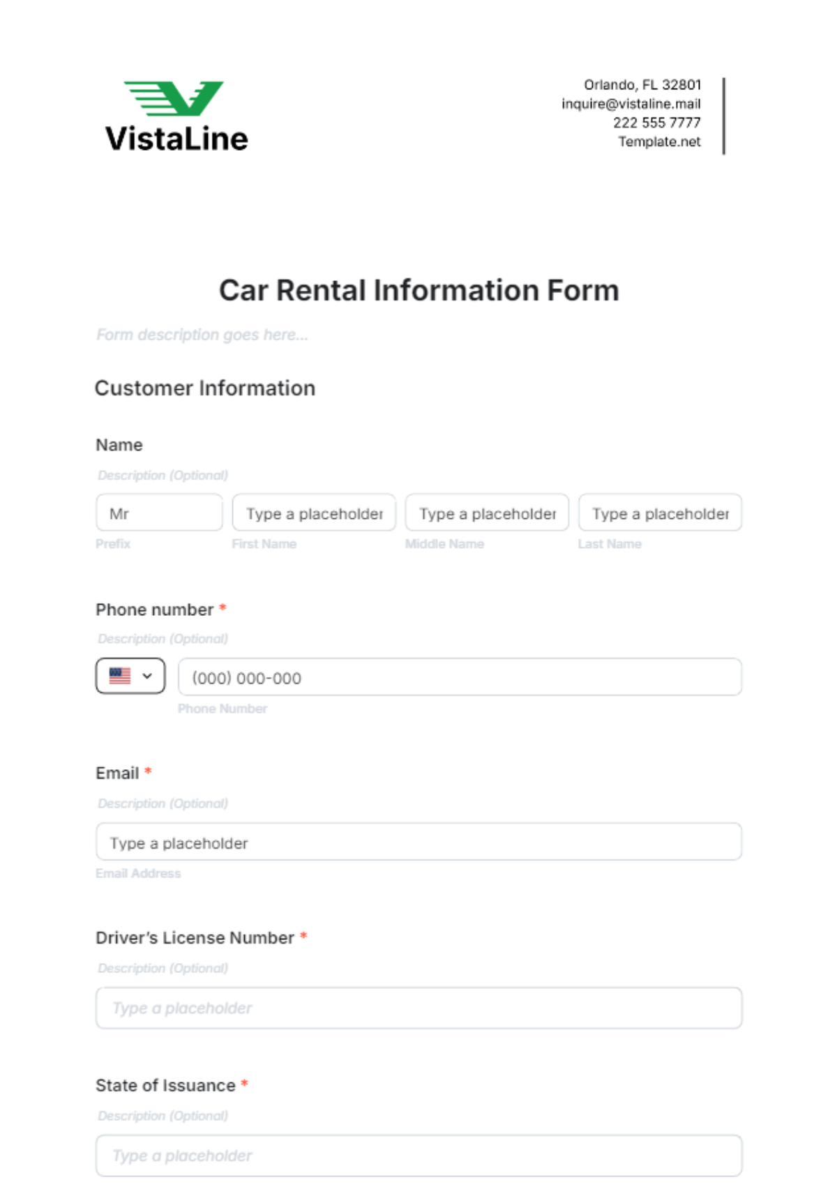 Car Rental Information Form Template - Edit Online & Download