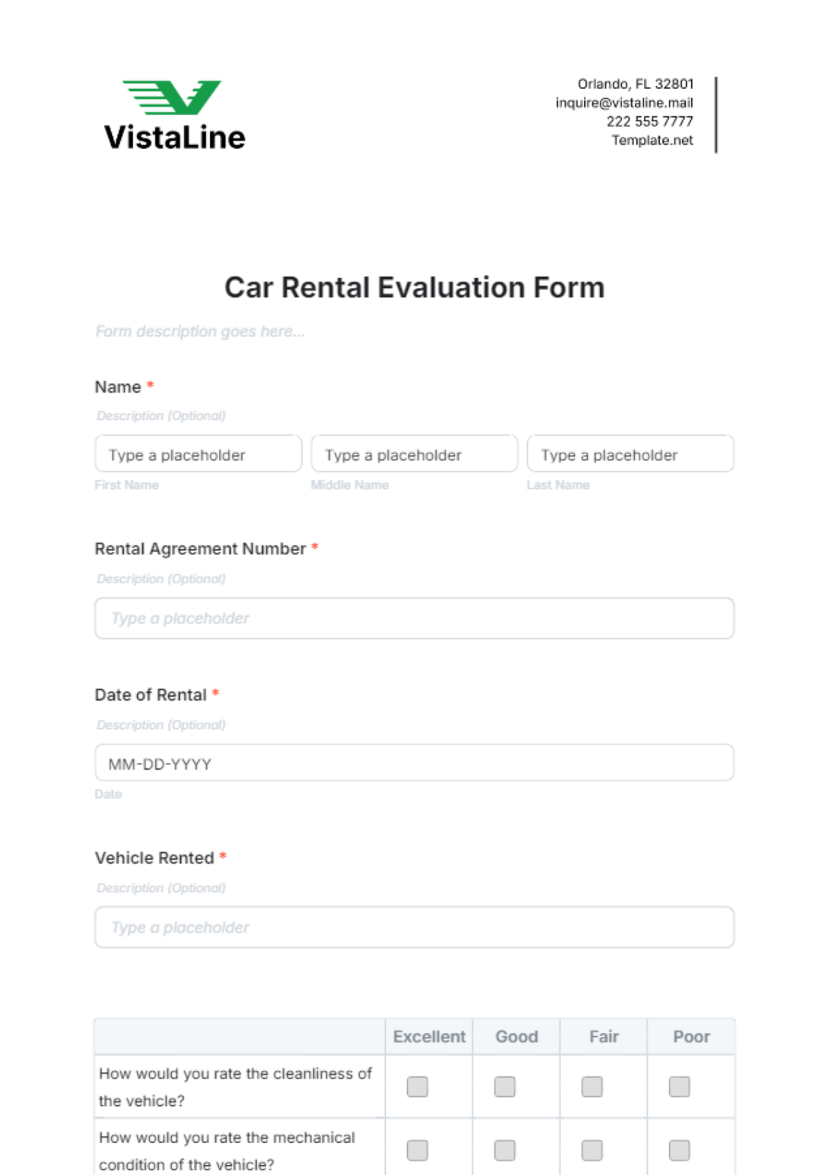 Car Rental Evaluation Form Template - Edit Online & Download