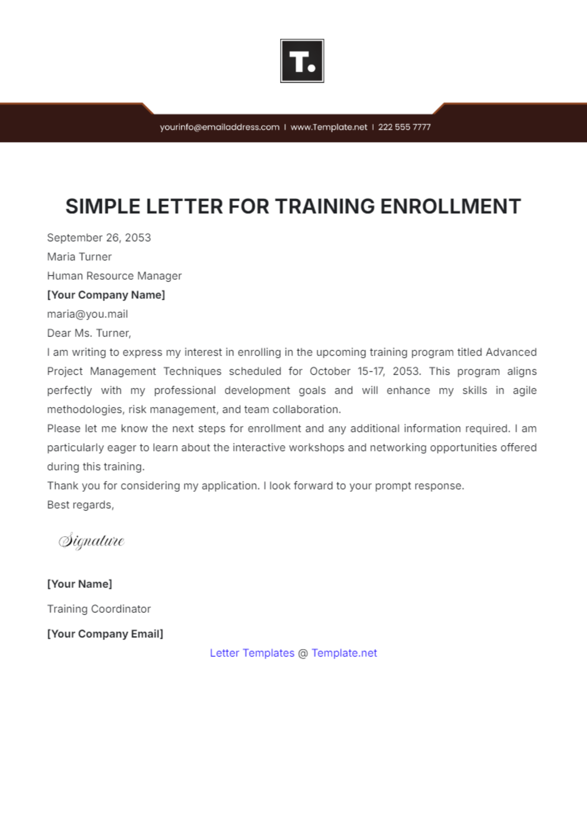 Simple Letter for Training Enrollment Template