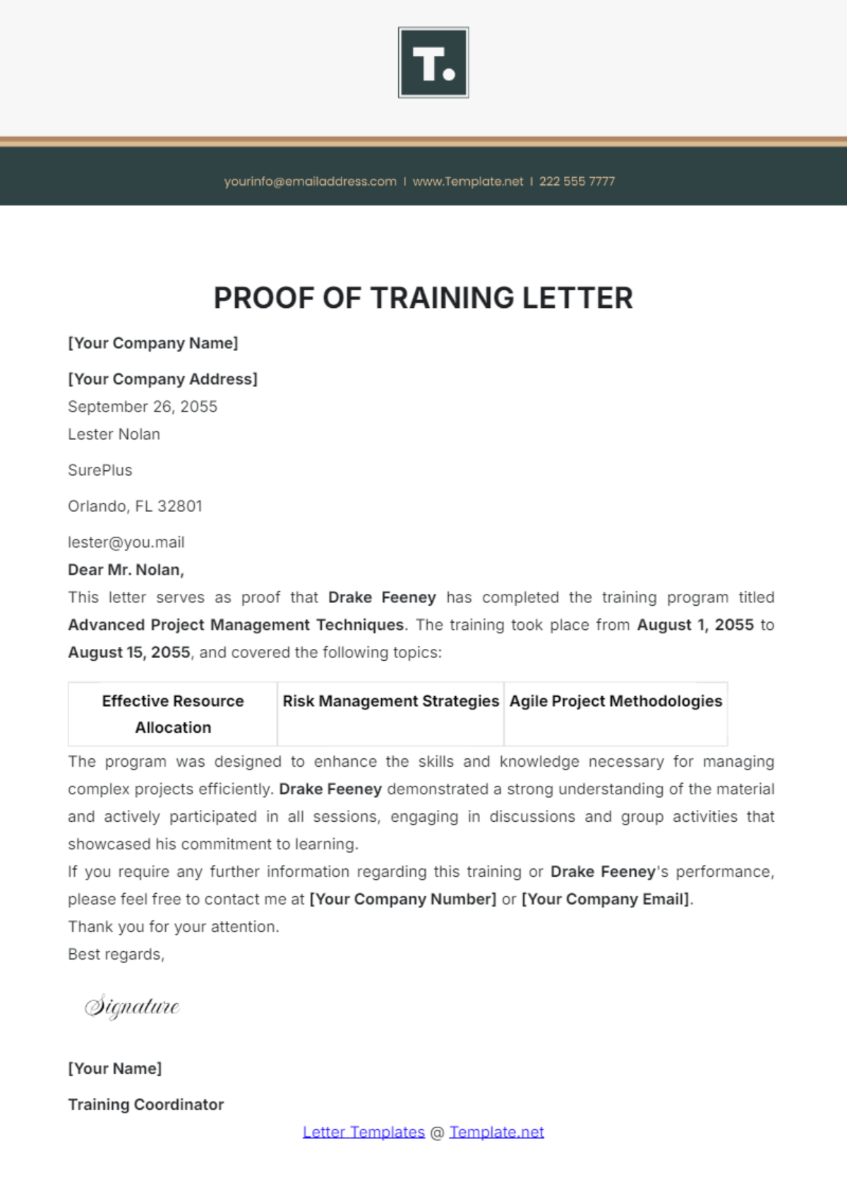 Proof of Training Letter Template