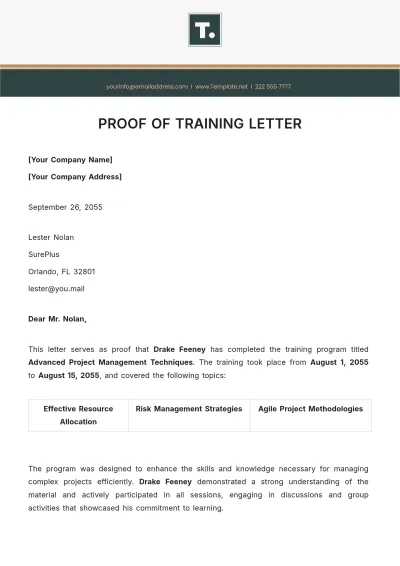 Free Proof of Training Letter Template to Edit Online