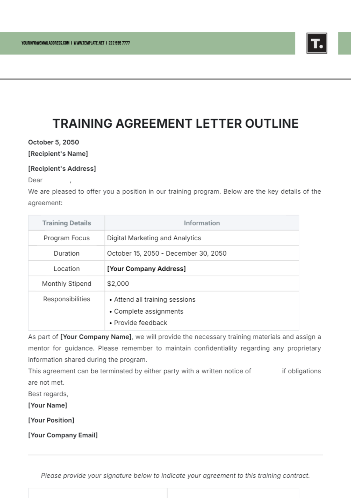 Training Agreement Letter Outline Template