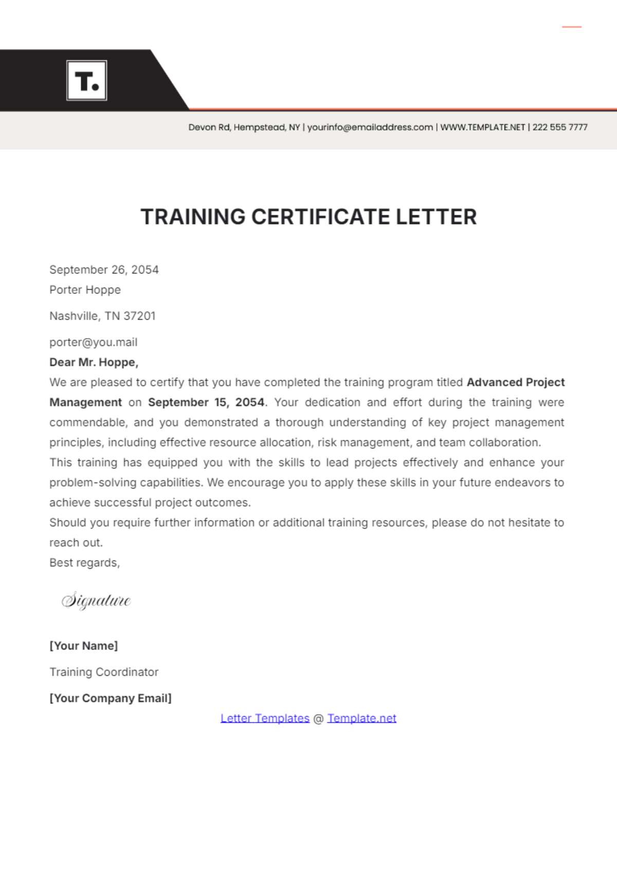 Training Certificate Letter Template - Edit Online & Download