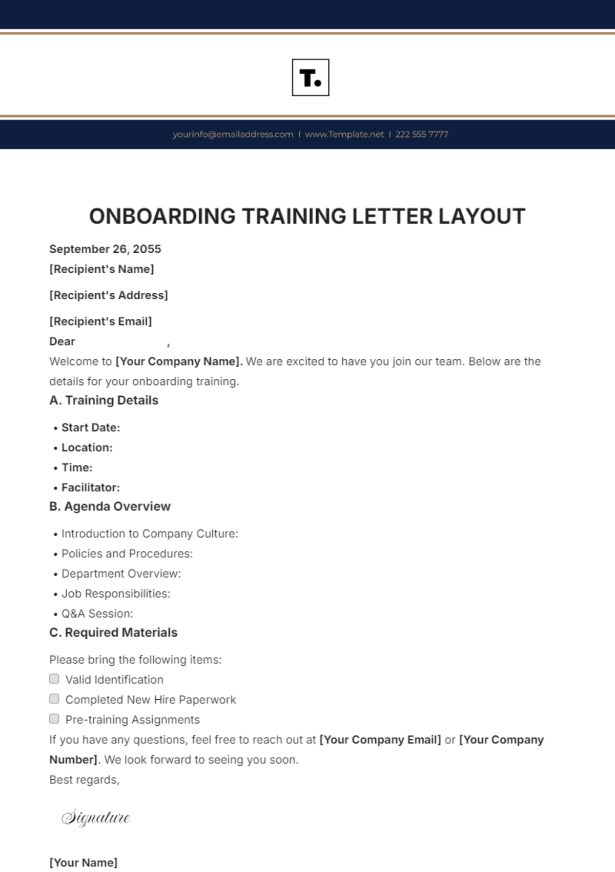 Onboarding Training Letter Layout Template