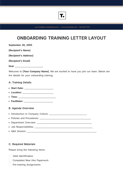 Free Onboarding Training Letter Layout Template to Edit Online