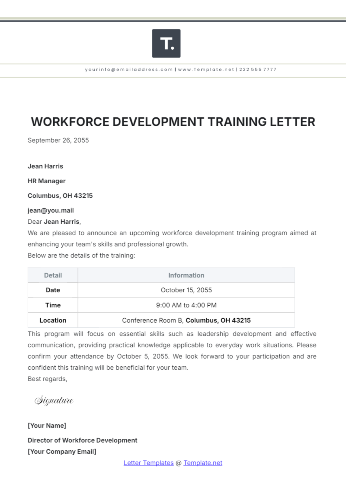 Workforce Development Training Letter Template