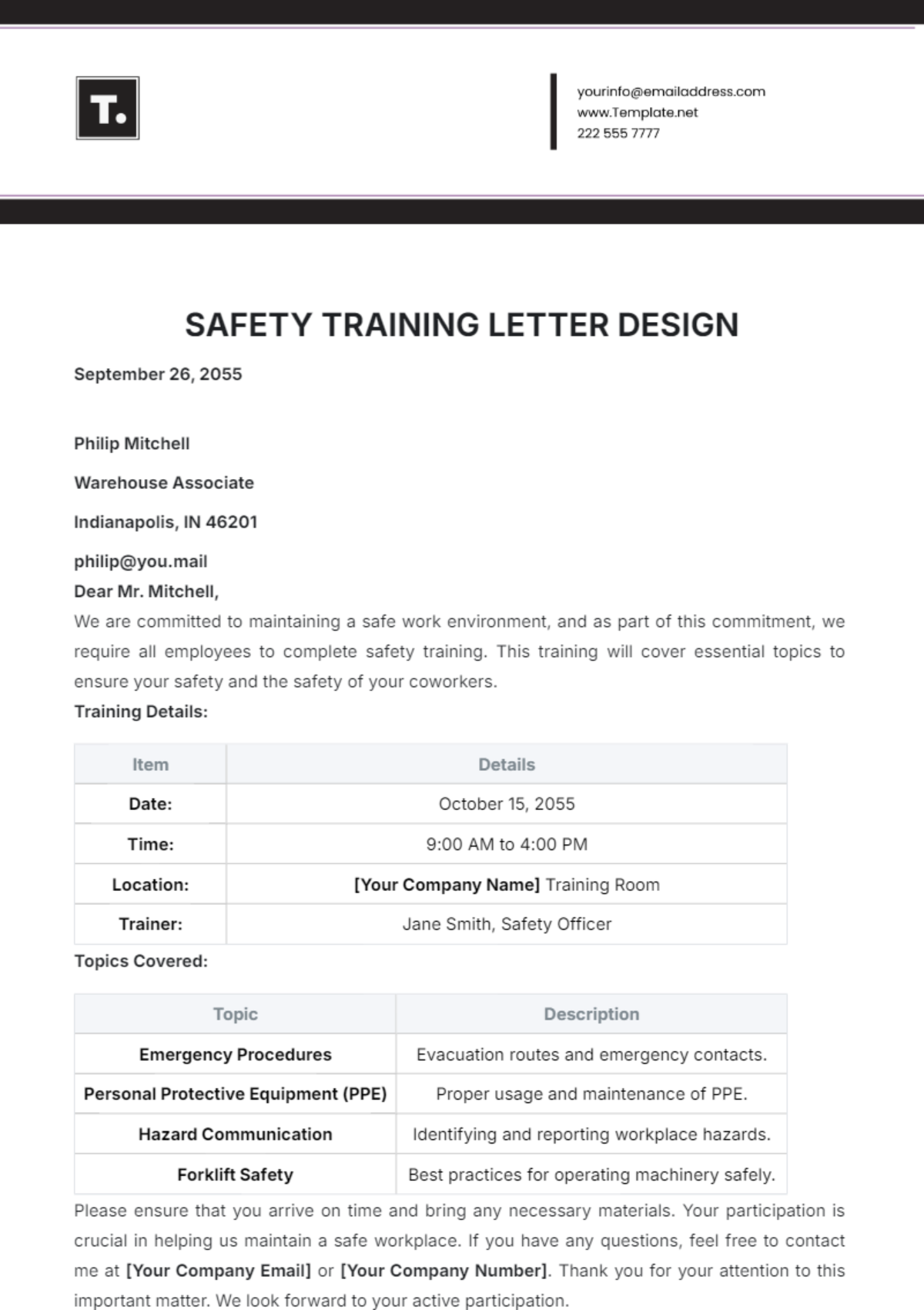 Safety Training Letter Design Template - Edit Online & Download