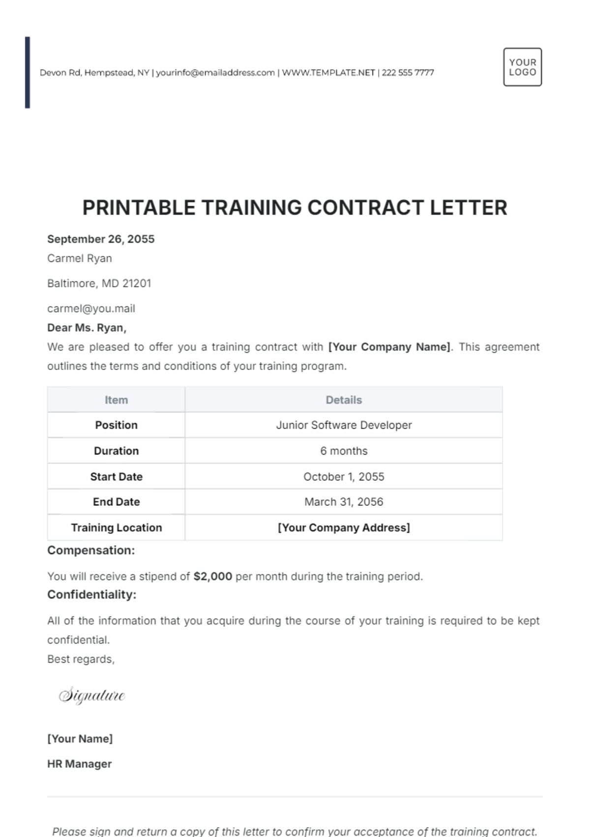 Printable Training Contract Letter Template - Edit Online & Download