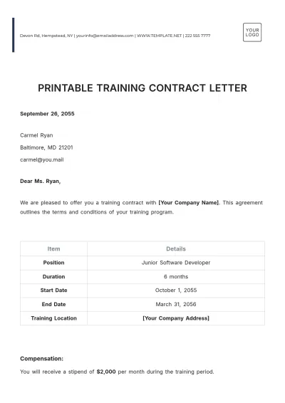 Free Printable Training Contract Letter Template to Edit Online