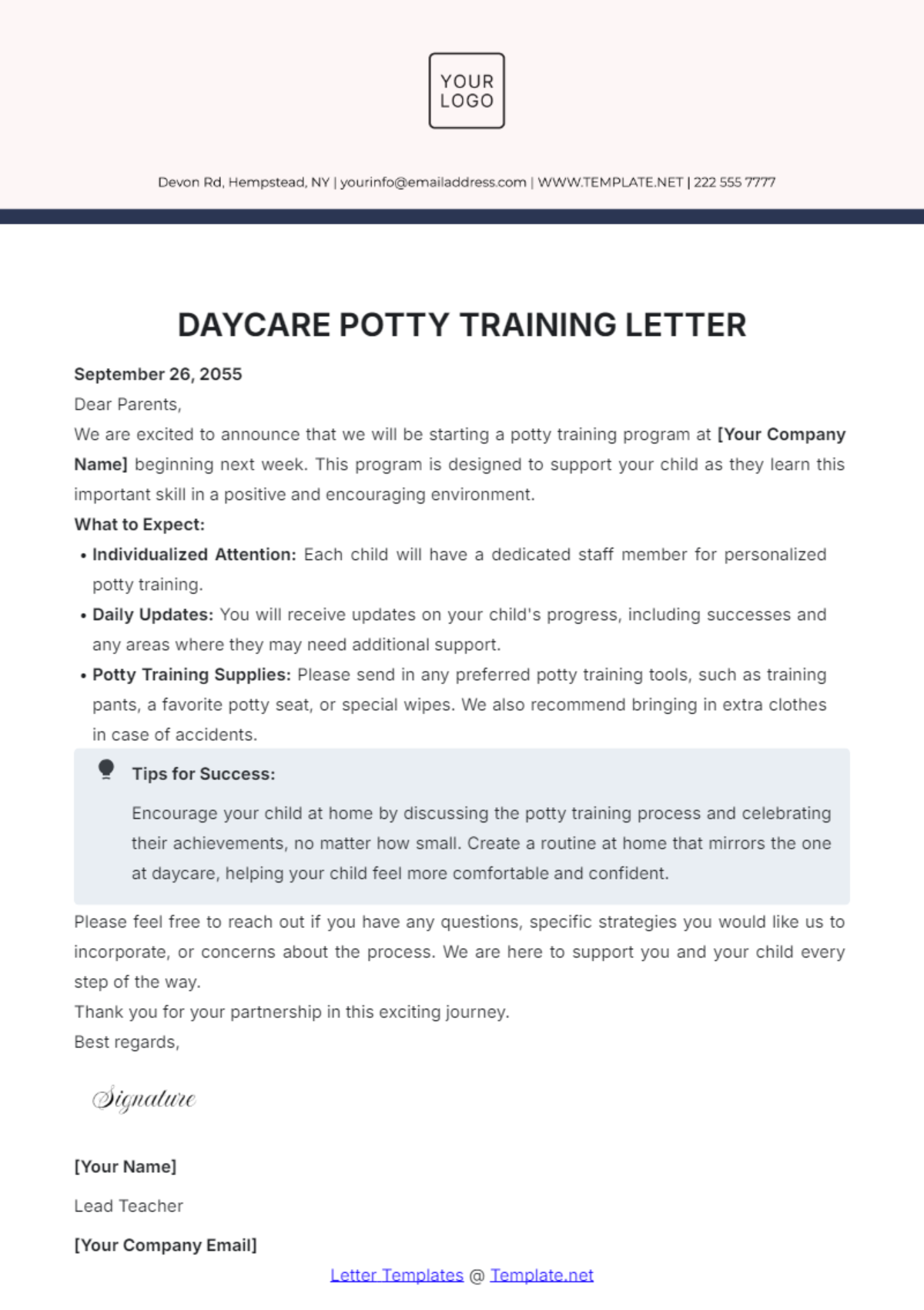 Daycare Potty Training Letter Template - Edit Online & Download