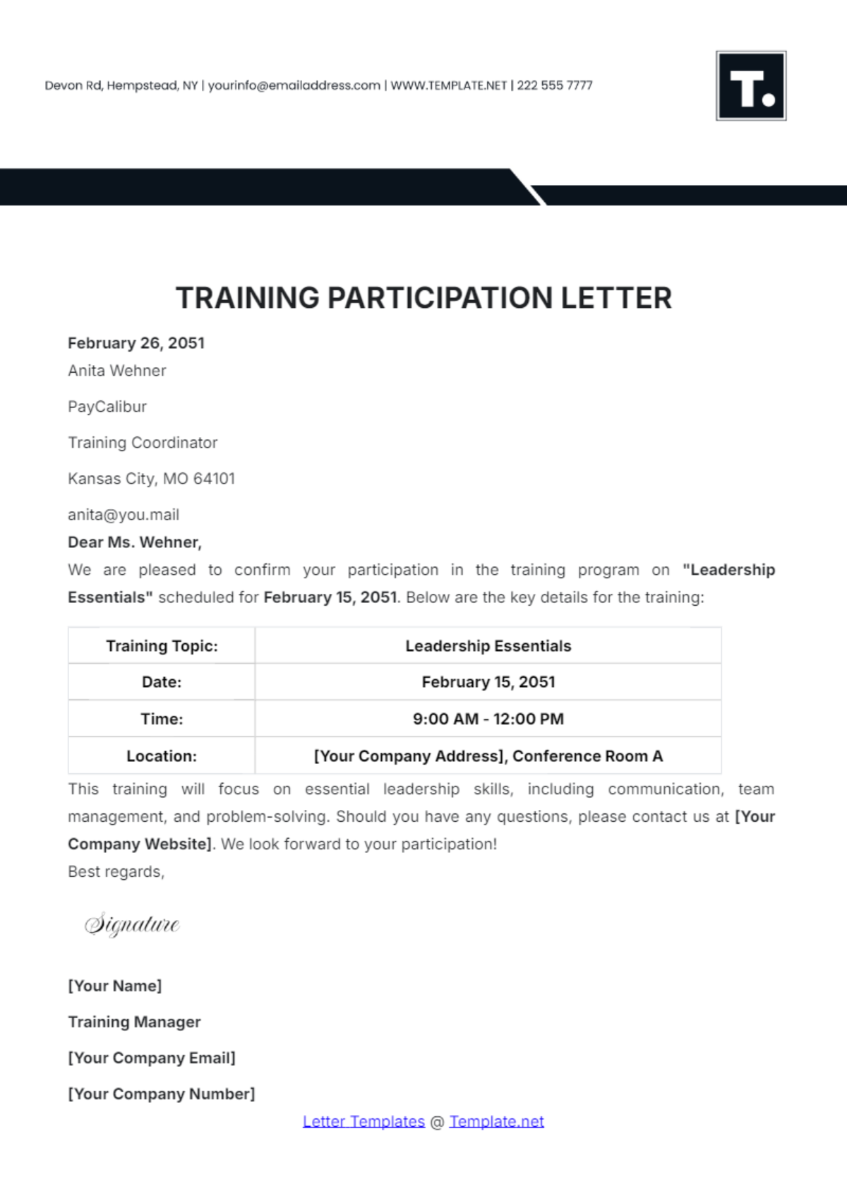 Training Participation Letter Template - Edit Online & Download