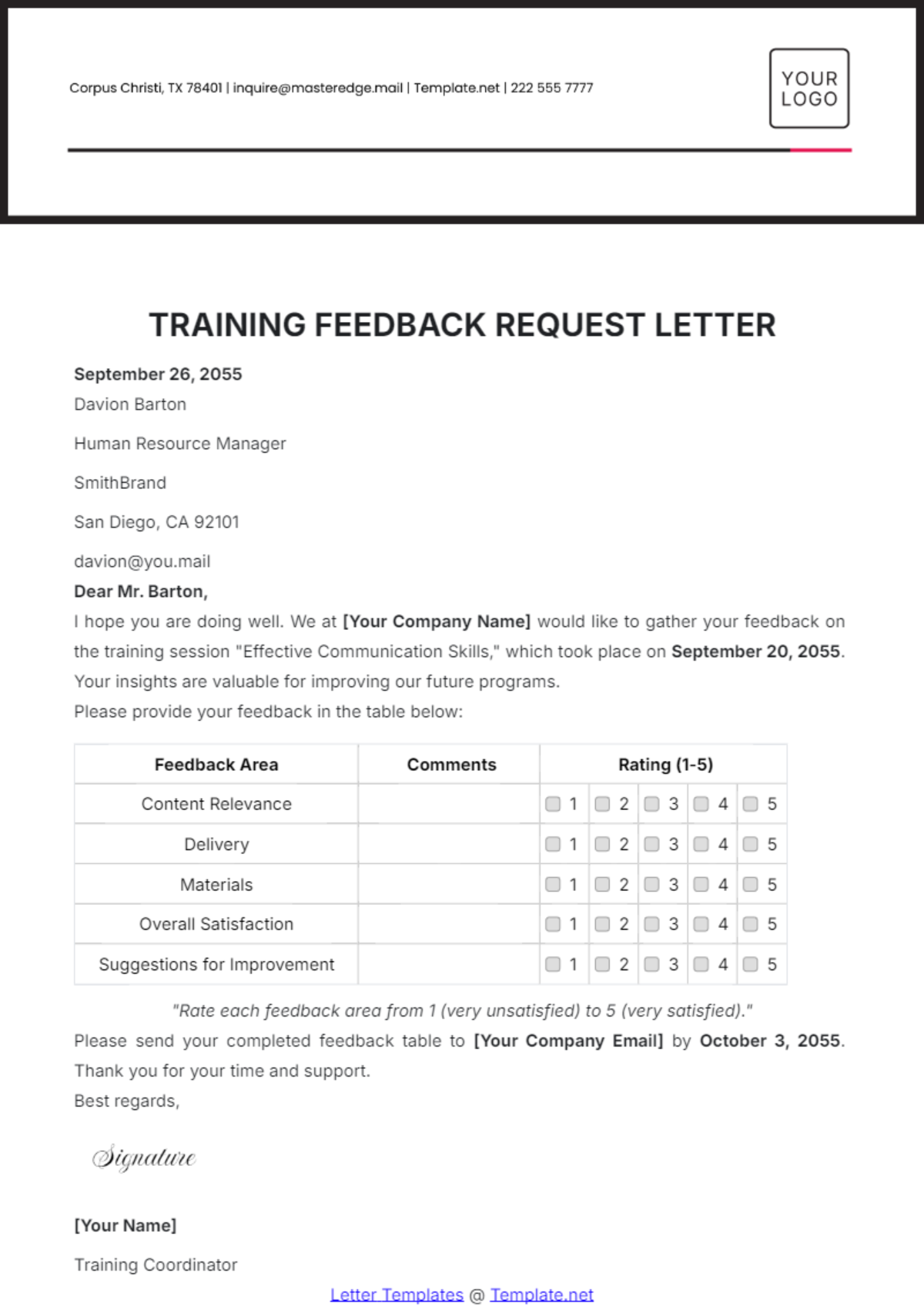 Training Feedback Request Letter Template - Edit Online & Download