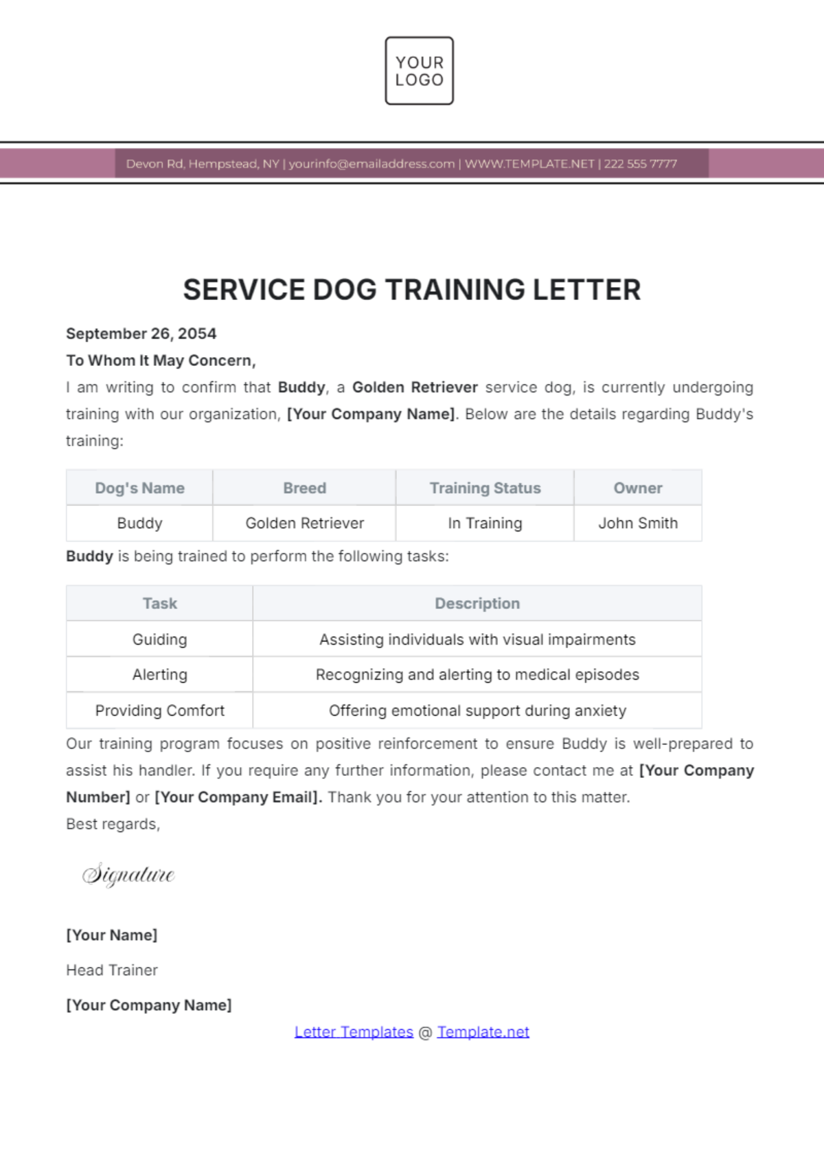 Service Dog Training Letter Template