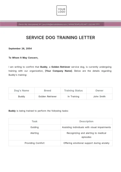 Free Service Dog Training Letter Template to Edit Online