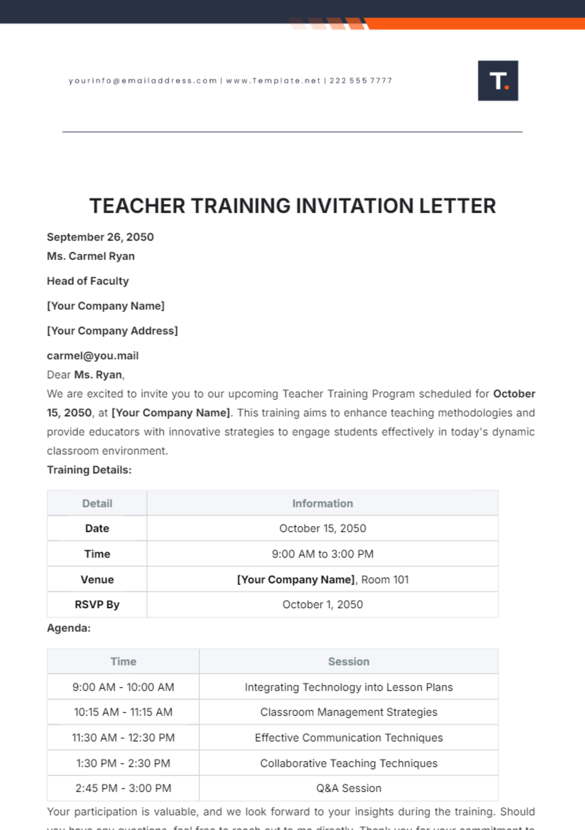 Teacher Training Invitation Letter Template